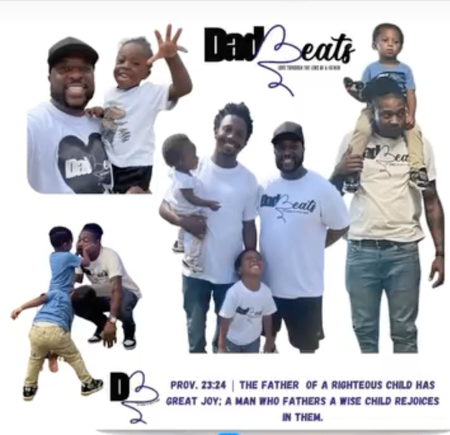 Dad-Beats collage — fathers and children in Dad-Beats shirts celebrating together